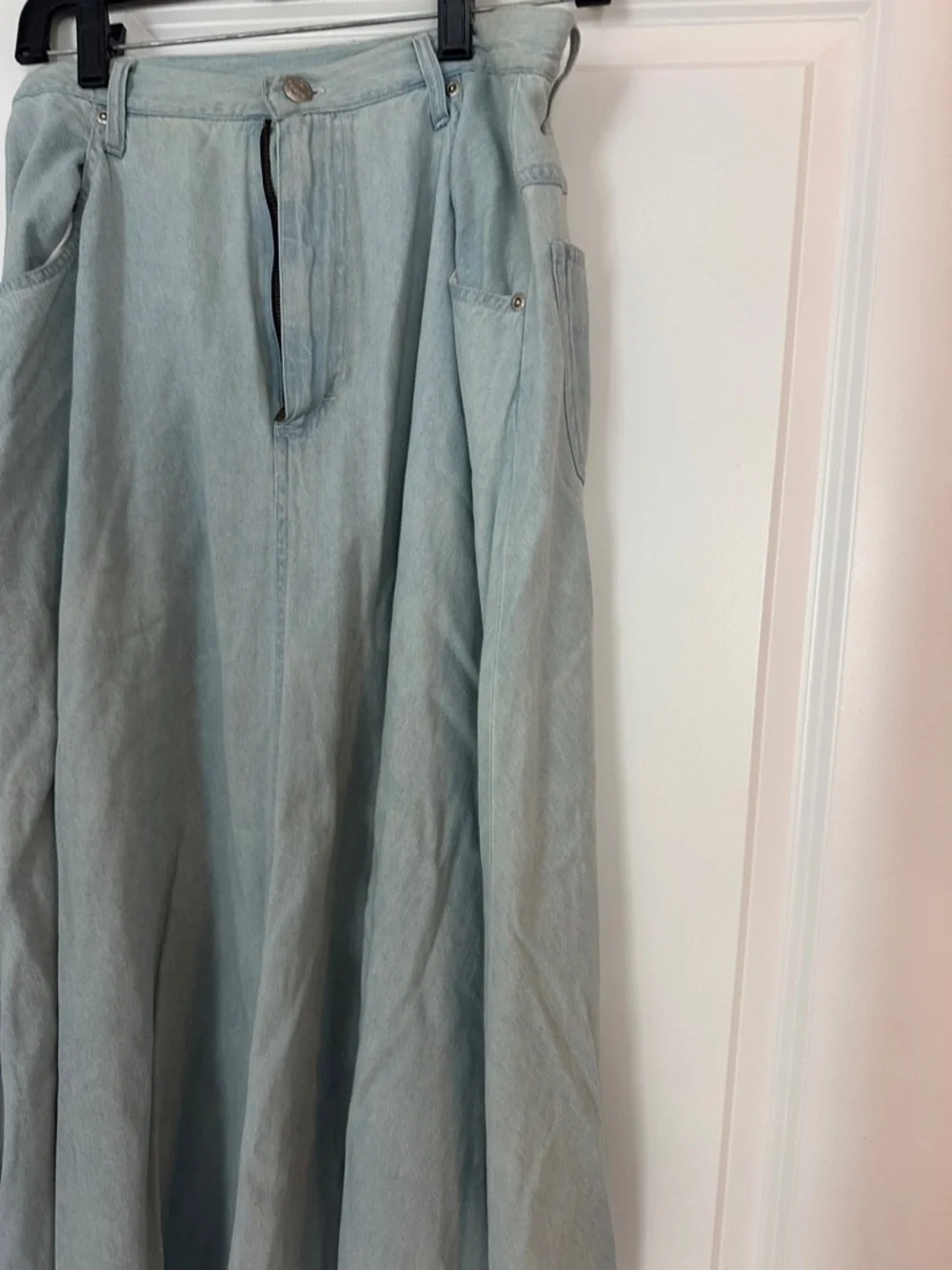 Light Blue Denim Maxi A-Line Women's Skirt with Front Zip - Picture 2 of 9
